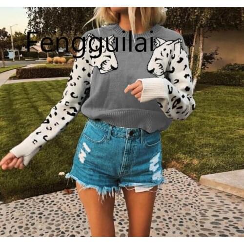 Women Leopard Knitted Sweater Fall Winter Long Sleeve Female Pullovers Autumn Casual Tops Knitting Sweaters Ladies Jumpers