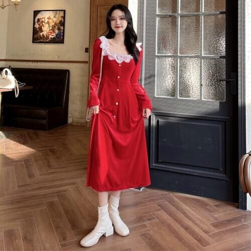 Red Velvet Mid-Length Dress Womens Autumn and Winter French Style Retro Square Collar Waist-Tight Slimming sweet lolita dress