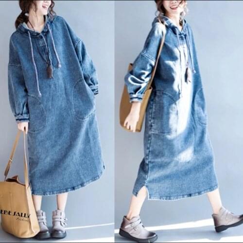 2021 Spring Autumn Womens New Products Fashion Korean Loose Mid-length Hooded Hedging Mid-length Denim Dress s610