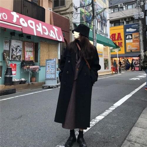 Black Woolen Coat Womens Mid-Length Hepburn Style 2020 New Winter Korean Thickened Double-Breasted Long Blazer Jacket y1188
