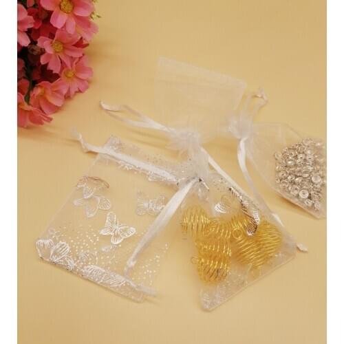 100Pcs Butterfly White Organza Bags Small Drawstring Pouches Gift Bags Cosmetic Bag for Make Up Wedding Storage Packaging Bag