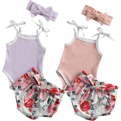 2021 0-12M Infant Baby Girl Clothing Cute Summer 3pcs Sleeveless Romper Top+Floral Print Bow Triangle Shorts+Headband Set