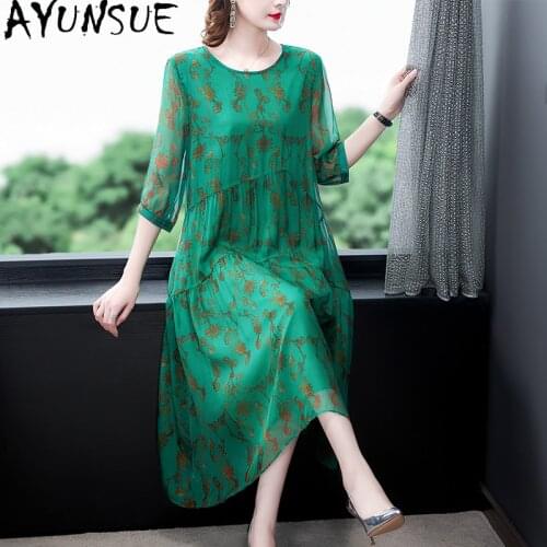 AYUNSUE Green Silk Summer Dress 2021 Woman Elegant Party Plus Size Dresses for Women 4xl Casual High Quality Vestidos KJ7026