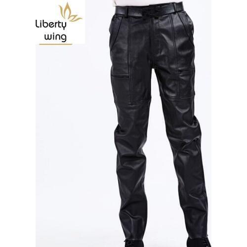 Korean Fashion Casual Men Pants Genuine Leather Business Classic Loose Full Length Trousers Streetwear Straight Black Pant Man