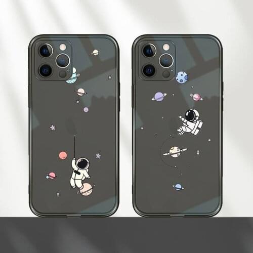 Cute Cartoon Astronaut Star Space Phone Case For iPhone 12 11 8 7 mini pro X XS XR MAX Plus Black Transparent Cover