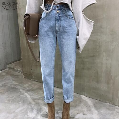 High Waist Jeans 2021 Autumn Straight Women Jeans Casual Bleached Light Blue Female Denim Trouser Cotton Loose Clothing 10394