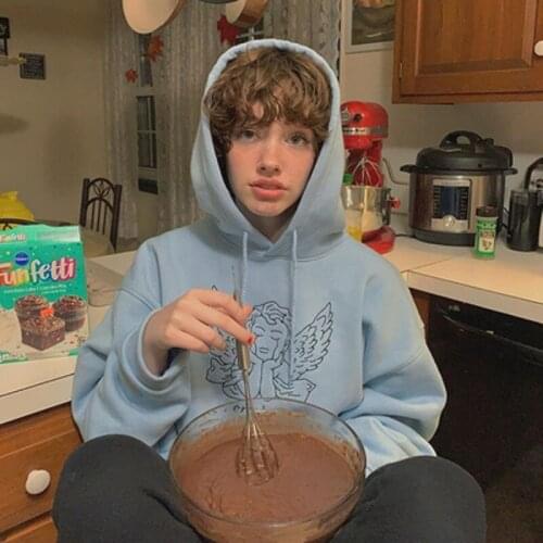 European and American high street style warm hooded sweater womens top womens street Park Harajuku haze blue sky embroidery