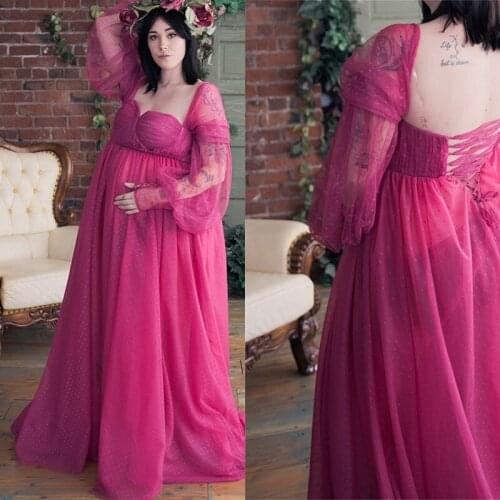 Fuchsia Maternity Dresses For Babyshower Off the Shoulder Dot Tulle Maternity Gown Photography Pregnancy Women Long Sleeve Dress