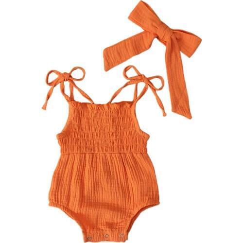 Baby Girls Sling Solid Color Bodysuit Sleeveless Backless Jumpsuit Outfits With Headband Two Piece Set