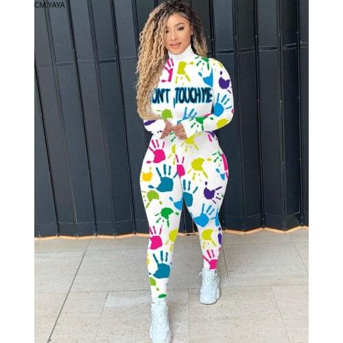 CM.YAYA Workout Knitted Ribbed Don't Touch Print Rompers Women Jumpsuit Zipper Moto Biker Long Sleeve Fitness Bodycon Skinny