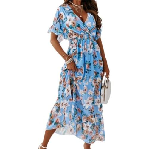 Summer Dress Floral Print V Neck Women Ruffled Hem Elastic Waist Dress A-line Belt Long Dress Pleated skirt for Beach