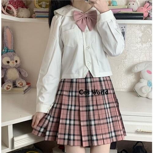 [White Peach] Girls Japanese Summer High Waist Pleated Plaid Skirts For JK School Uniform Students Cloths