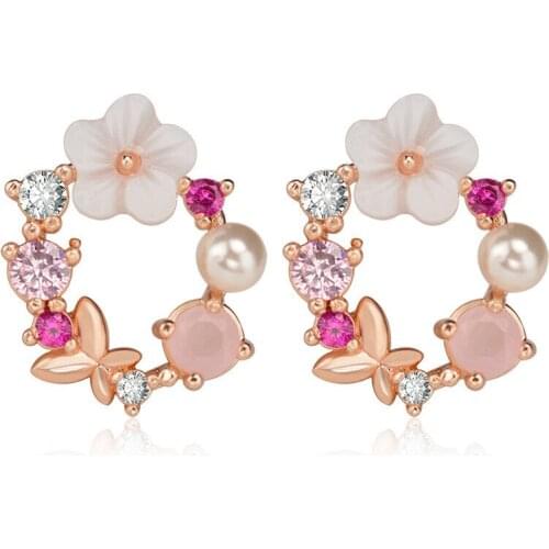 Fashion Creative Butterfly Flowers Pearl Crystal Earrings for Women Rose Gold Zircon Sweet Wreath Earring Jewelry Gift Wedding