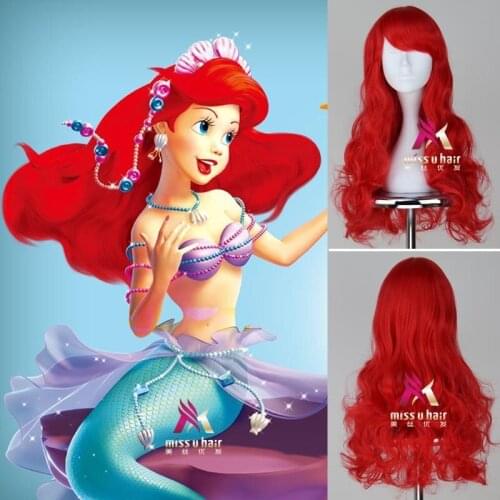 New Anime The Little Mermaid Princess Ariel Cosplay Wig Halloween Play Wig Party Stage Synthetic Red Curly Hair +wig cap