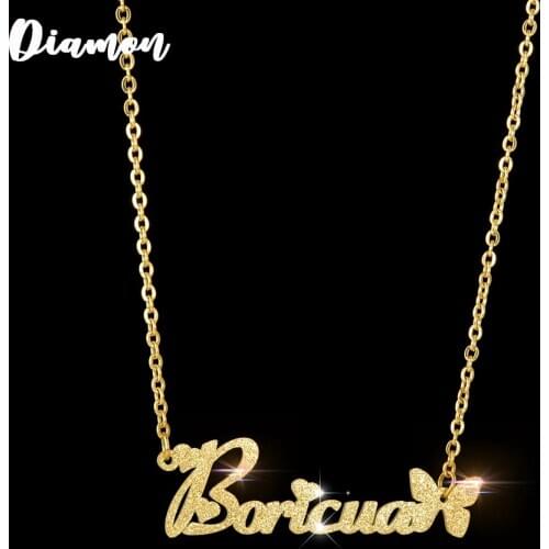Diamon 2020 Customized Stainless Steel Frosted Name Necklace Butterfly Personalized Letter Gold Choker Pendant Nameplate Gift