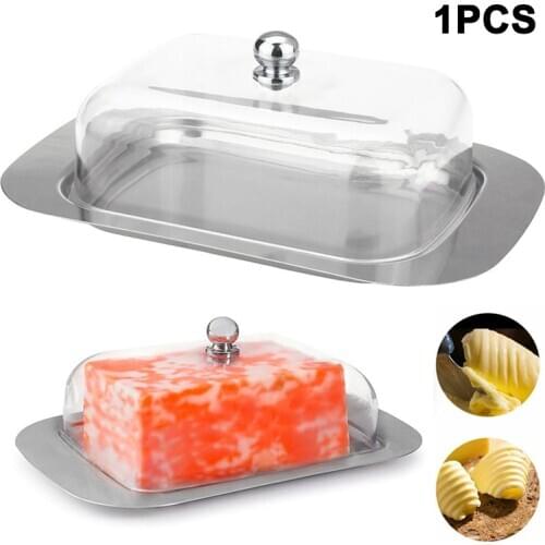 New Stainless Steel Butter Tray Box Container Transparent Cheese Storage Server Tray With Lid Kitchen Tableware