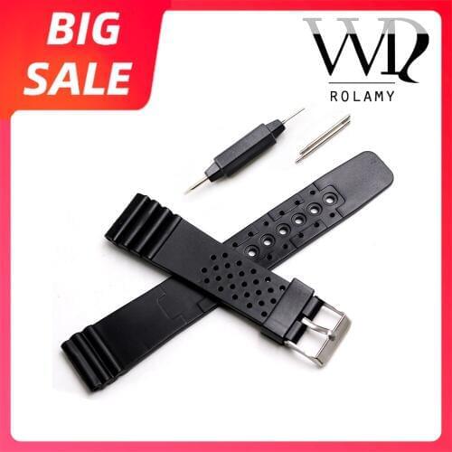 Rolamy 20mm Top Quality Black Watch Band Silicone Rubber Straight End Wrist For Casio Omega Panerai Black Replacement Watchband