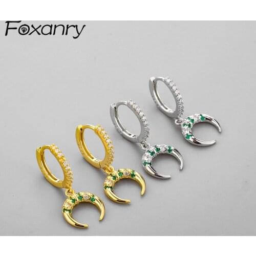 Foxanry Prevent Allergy 925 Sterling Silver Hoop Earrings for Women Trendy Elegant Vintage Moon Zircon Bride Jewelry Ear Buckle