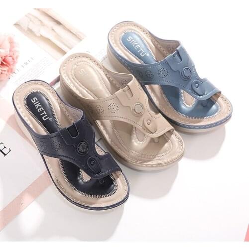 Summer Women Wedge Sandals Premium Orthopedic Open Toe slippers Vintage Anti-slip Leather Casual Female Platform Retro