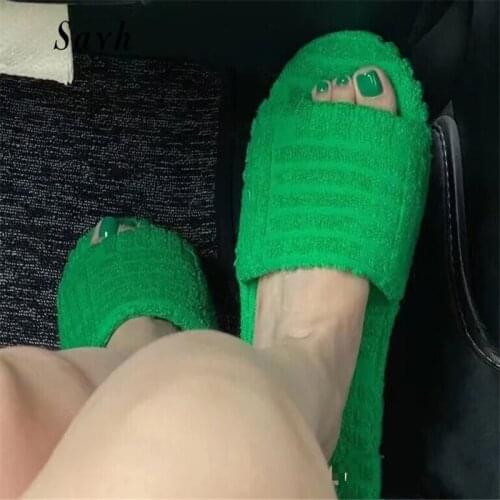 Fashion Winter Lady Slides Autumn Flats Slippers Women Warm Fur Mules Casual Shoes Platform Outdoor Green Shoes