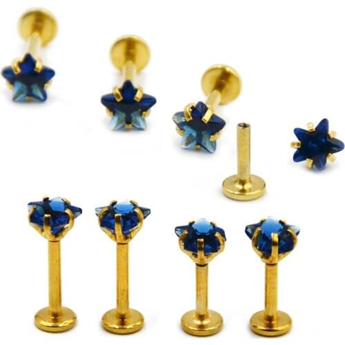 Showlove-1PC Stainless Steel Gold Plate Star Gem Blue Zircon Lip Studs Ear Tragus Cartilage Earring Body Piercing Jewelry 16G