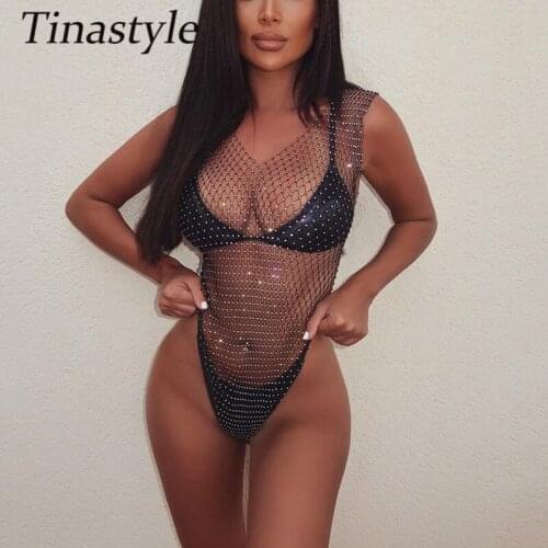 Tinastyle New Crystal Diamond Shiny Women Bodysuit Sexy V Neck Backless Bodycon One Piece Body Suit Summer Nightclub Party Body
