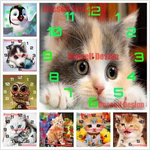 Top 5d diamond painting clock animal cat diamond embroidery clock cute cat rhinestone pictures decoration home diamond art kit