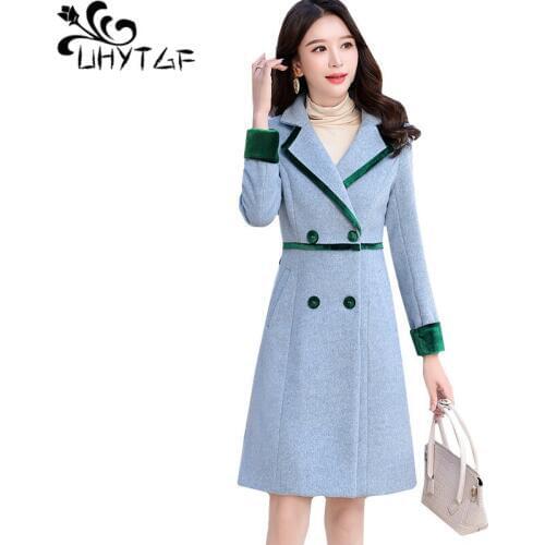 UHYTGF Coat female 2019 double-breasted elegant autumn winter wool coat women fashion lapel splice slim 3XL plus size jacket 556