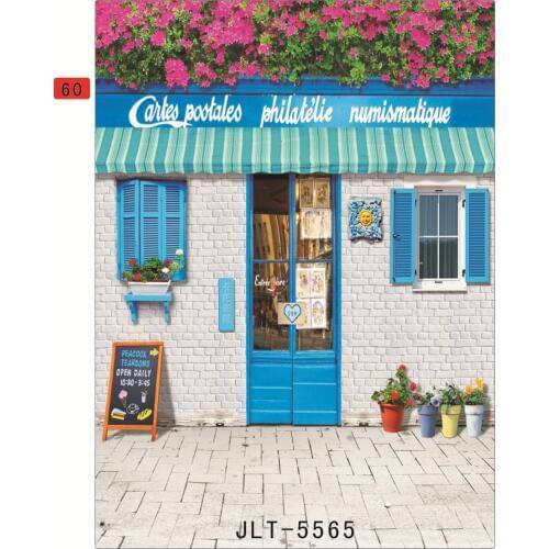 Background for Photos Cafe Shop Blue Door Flowers Computer Printed Vinyl Photography Backdrop Photocall for Weddings Children