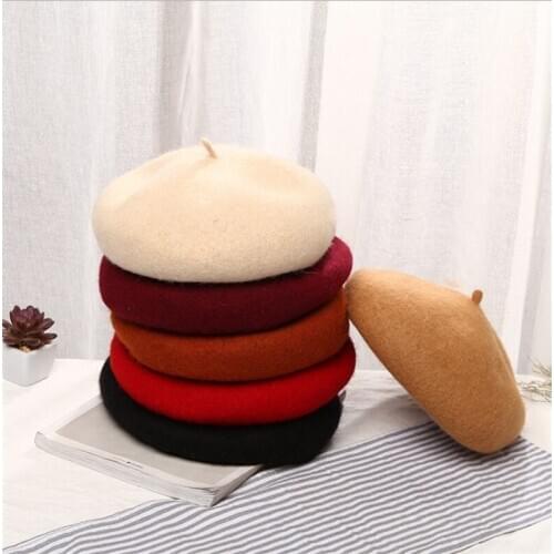 Lady spring Winter Berets Hat Painter style hat Women Wool Vintage Berets Solid Color Caps Female Bonnet Warm Walking Cap