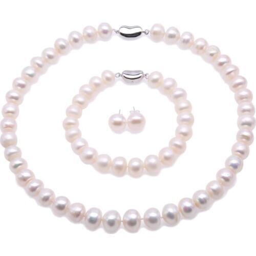 10mm white pearl Women Jewelry set necklace bracelet stud earrings 925 silver clasp AAA Cultured freshwater pearl