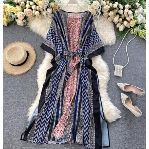 Womens spring summer runway fashion batwing sleeve national dress female vintage beach chic chiffon dress TB323