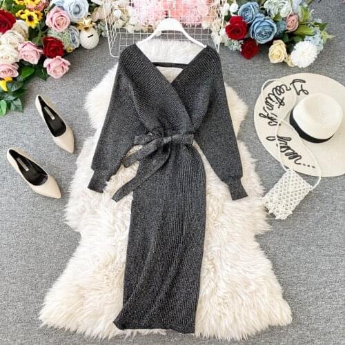 Elegant Bright Silk Kintted Dress Fashion Bat Sleeved V-neck Sashes Knitting Dress Sexy Long Sleeve Penci Club Dresses for women
