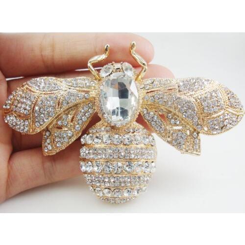 Gold Tone Vintage Bee Insect Pendant Woman Brooch Clear Austrian Crystal