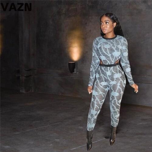 VAZN 2020 Autumn 2 Piece Jumpsuits Sexy Club Hollow Out Novelty Style Full Sleeve High Waist Slim Women Pencil Jumpsuits