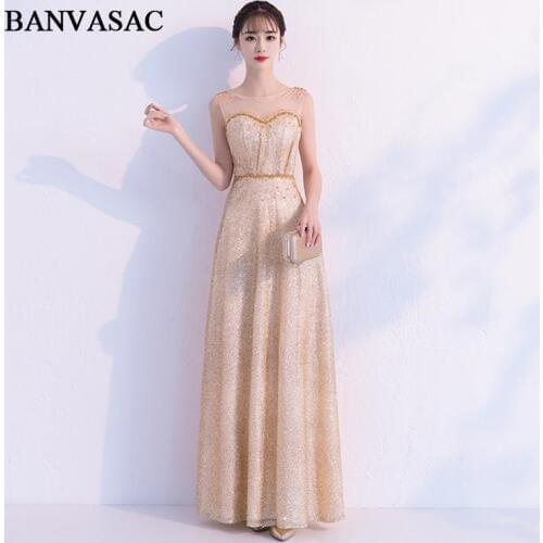 BANVASAC Pearls O Neck 2019 Gold Sequined A Line Long Evening Dresses Elegant Illusion Zipper Back Party Prom Gowns