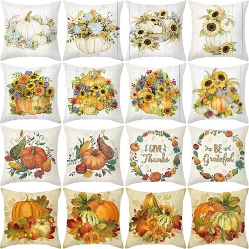 Fall Polyester Cushion Cover 45X45 Pumpkins Floral Decorative Throw Pillows Retro Style Polyester Pillowcase Sofa Cushions Home