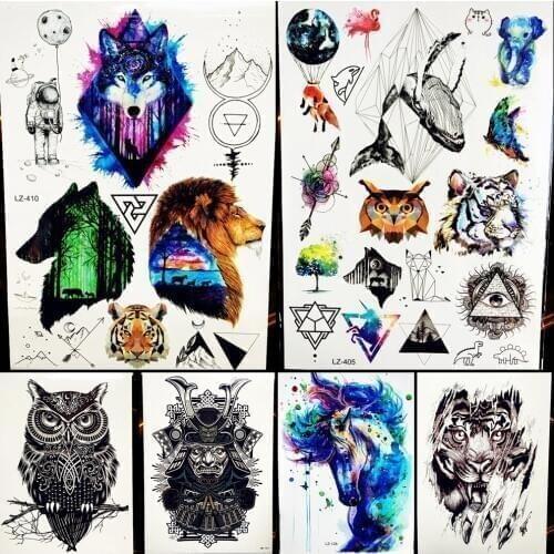 Tribal Lion Forest Wolf Fake Waterproof Temporary Tattoo Sticker Tiger Mountain Hill Bracelet Tattoo Sleeve Triangle Totem Tatoo