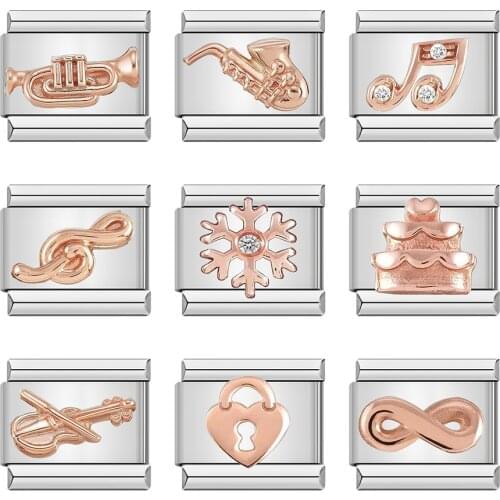 Hapiship Original Rose Cake Music Snowflake Lock Heart Charm Italian Links Fit 9mm Bracelet Stainless Steel Jewelry Making DJ120