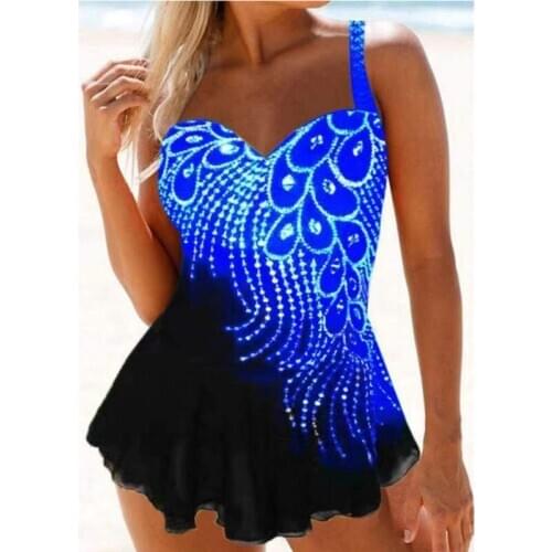 Swimsuit Dress Beachwear Print Feather Patchwork Swimwear Tanker Swimsuits Sexy Women Plus Size Padded Bathing Suit