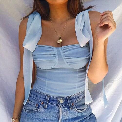 Ins Girls Y2K Strap Sexy Suspender Sleeveless Mini Camis Sweater Vest Women’s wrinkle Lace Blue Solid Slim Fit Tank Tops Tees