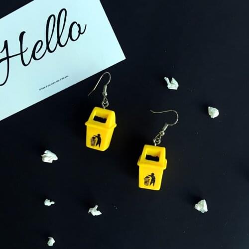 New Cute Handmad Drop Earring Funny Yellow Trash Can Earrings New Design Dangle Earrings Women Girl Fashion Jewelry
