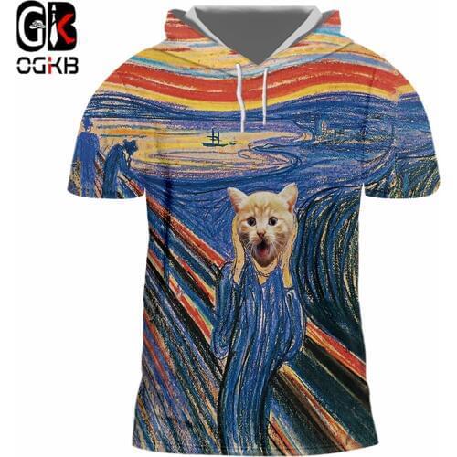 OGKB Hooded Tee Shirt Male Hot O Neck Animal 3D T Shirts Print Starry sky cat Hip Hop 5XL 6XL Clothes Homme Thin Cap T-shirt