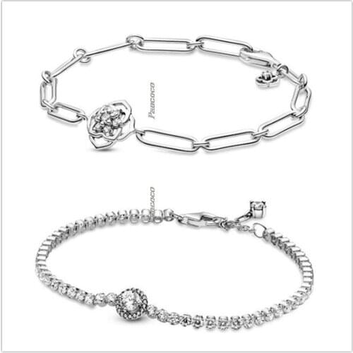 Original 925 Sterling Silver Timeless Sparkling Halo Tennis Bracelet Bangle Fit Bead Charm Diy Fashion Jewelry