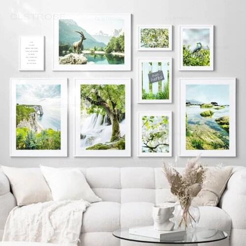 Nature Green Landscape Poster Bird Waterfall Flower Tree Lake Mountain Art Canvas Painting Wall Pictures for Living Room Decor
