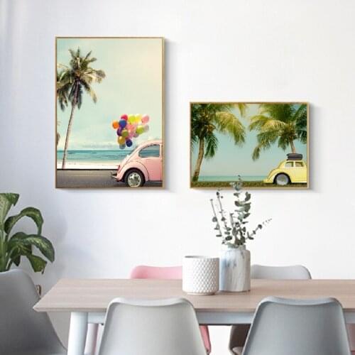 Nordic Beach Seascape Vintage Car Posters and Prints Summer Blue Sky Palm Coastal Wall Art Canvas Painting Pictures Home Decor