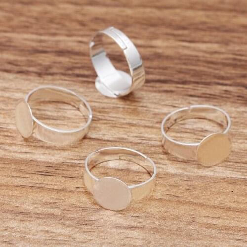 200pcs Silver Plt Adjustable Ring Settings Blanks with 10 12mm Flat Circle Glue Pad Cabochons Base DIY Jewelry Findings Supplies