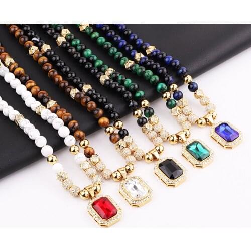 Hip Hop Luxury CZ Pave Ball Natural Stone Tiger Eye 316L Stainless Steel Crystal Charm Pendant Necklace Jewelry Gift Men Women