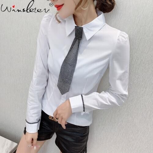 Spring Fall European Clothes Blouse Fashion Sexy Shiny Diamonds With Tie Button Cardigan Tops Ropa Mujer Cotton Shirt T00007A