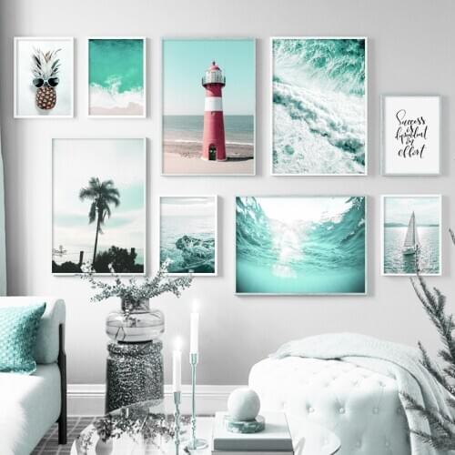 Green Sea Wave Coconut Tree Boat Seascape Home Art Canvas Painting Nordic Posters And Prints Wall Pictures For Living Room Decor
